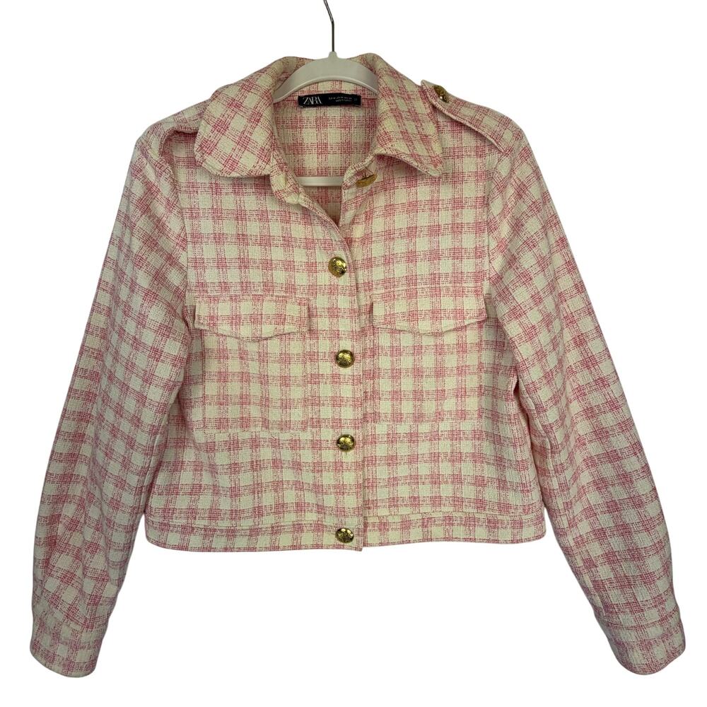 ZARA Plaid Check Tweed Cropped Jacket Women Size M Pink Textured Shacket - Picture 2 of 6